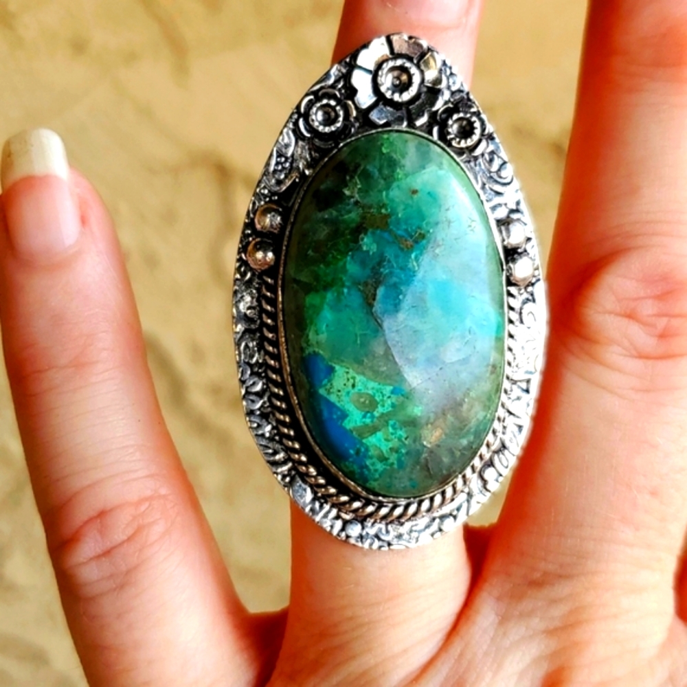 New Oversized Shattuckite 925 Silver Statement Ring.